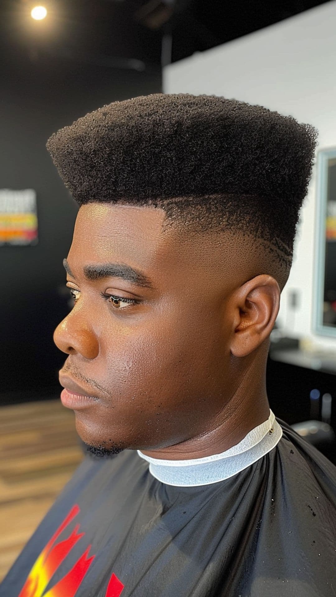 A black man wearing a high layered hairstyle.