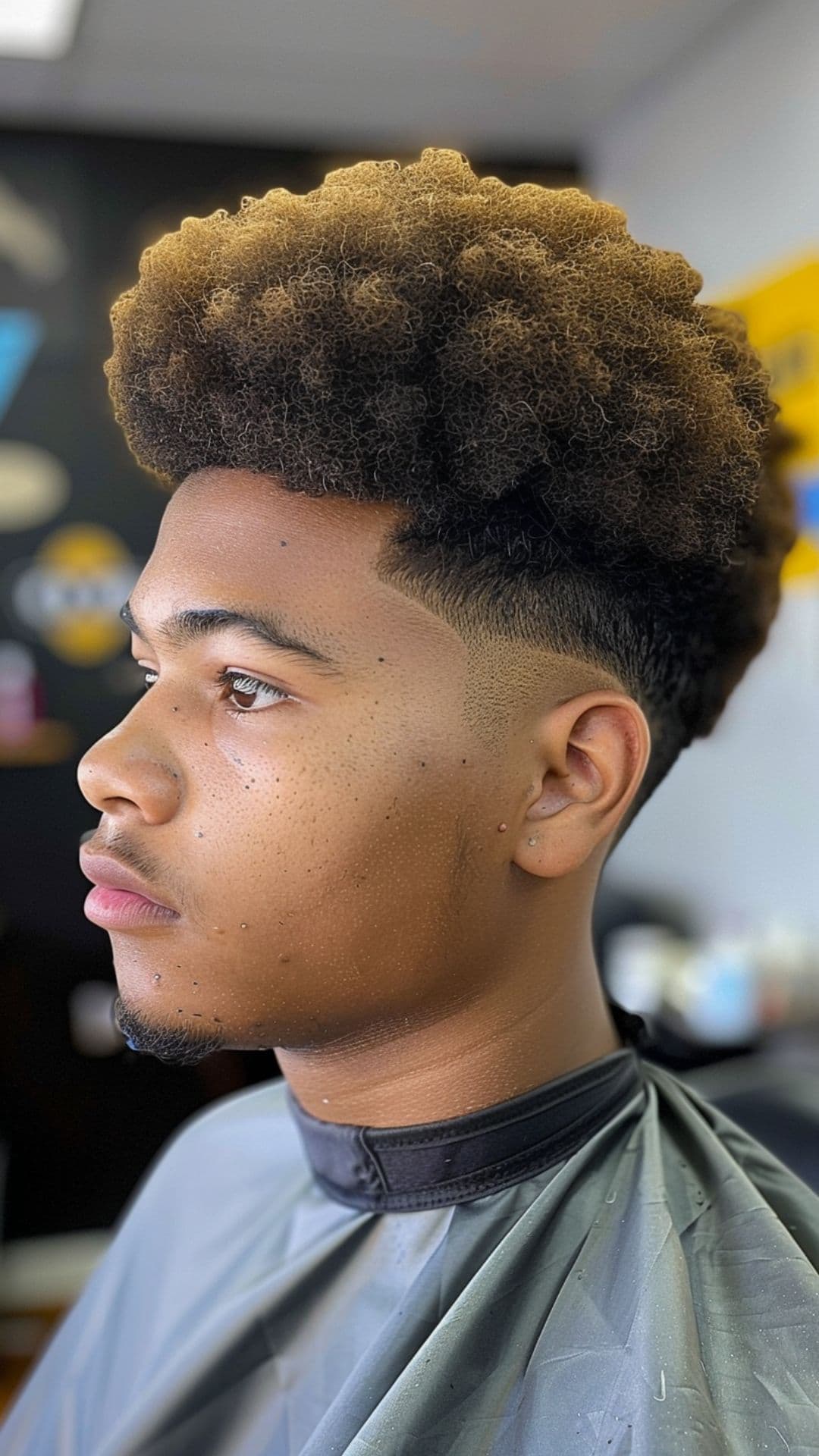 A black man posing with a layered afro.