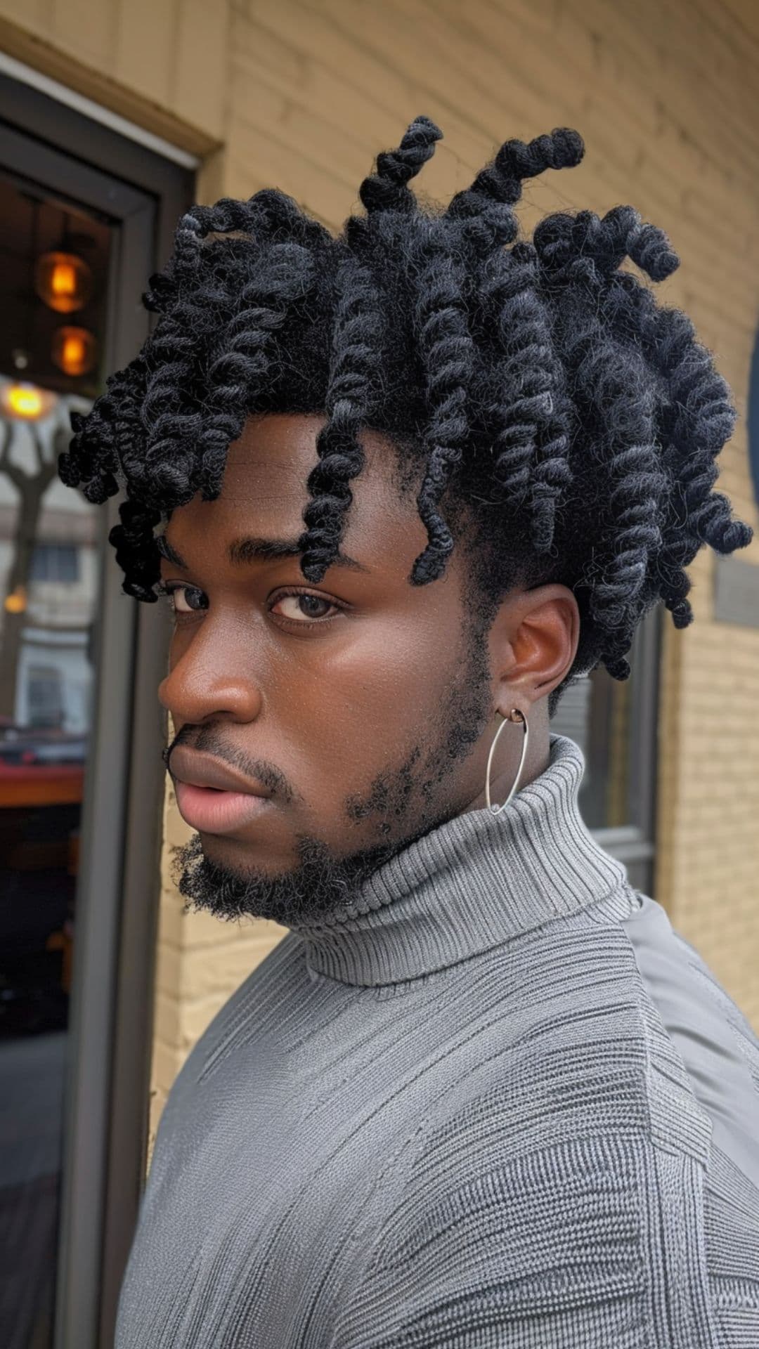 A black man wearing a twisted hairstyle.