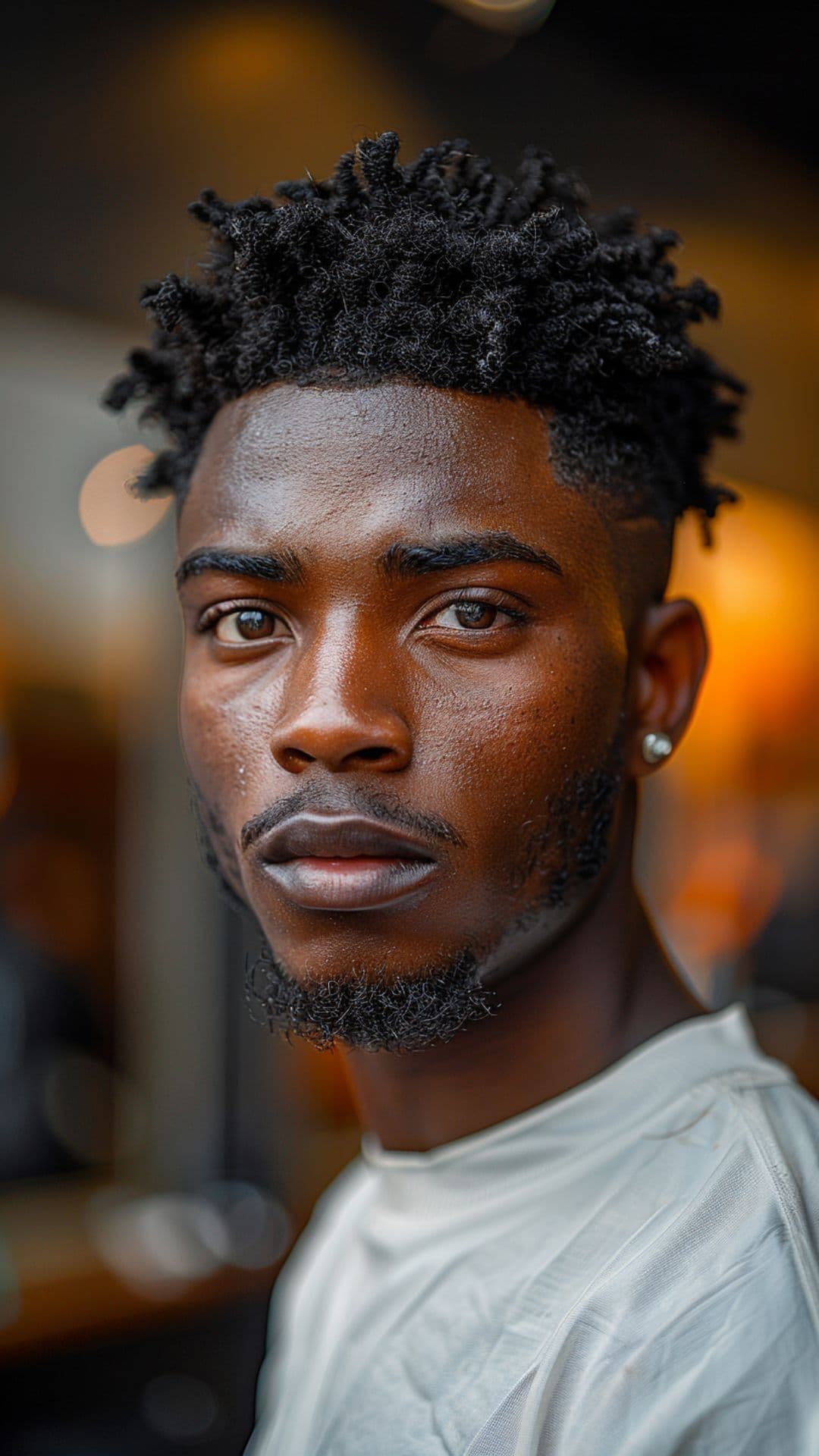 A black man wearing a short afro.