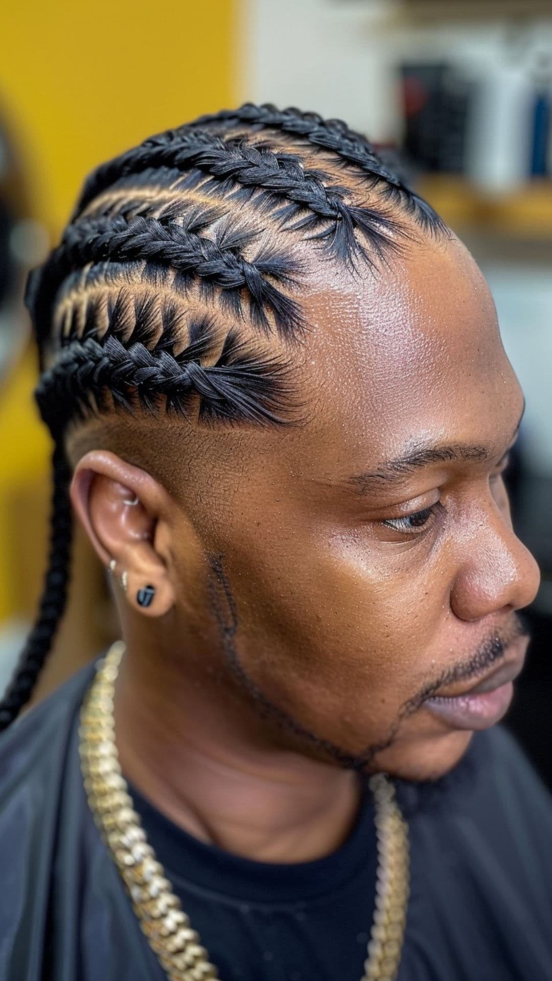 A black man models an African braid hairstyle.