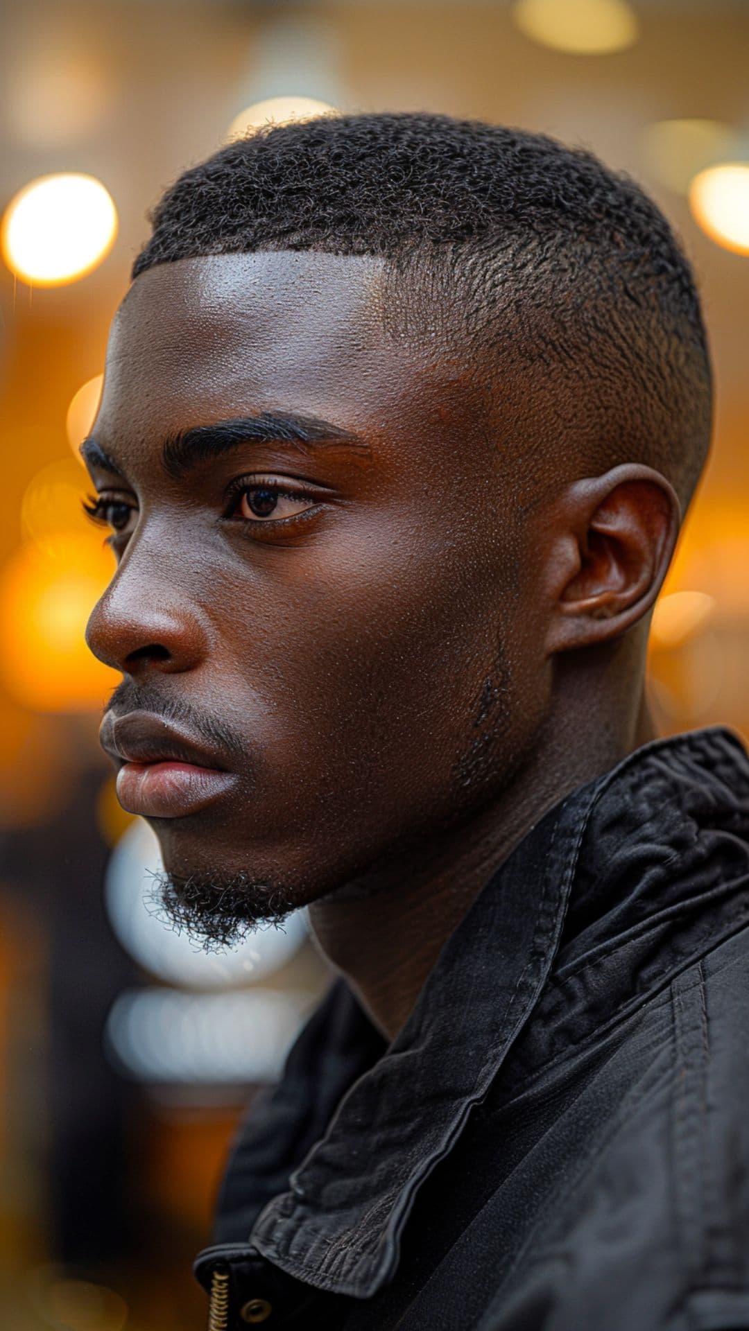 A black man posing with a buzz cut.