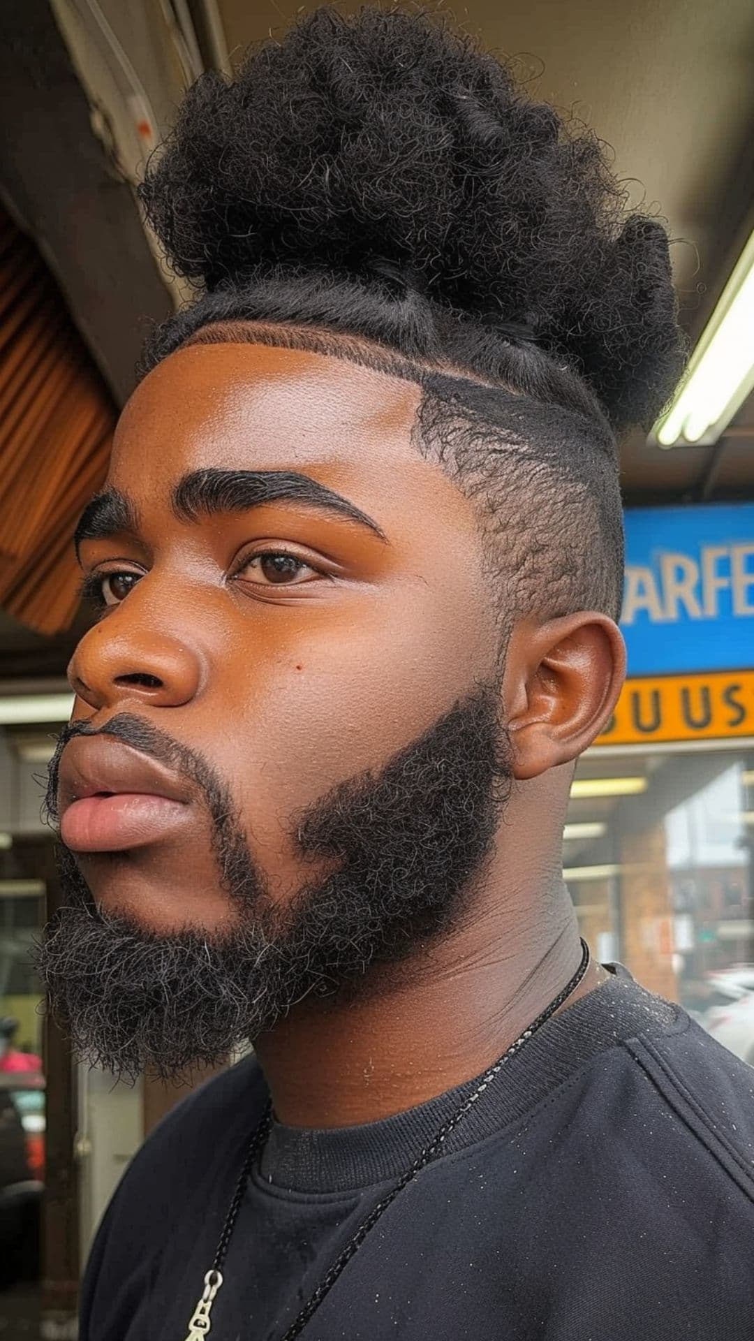 A black man wearing a bouffant afro hairstyle.