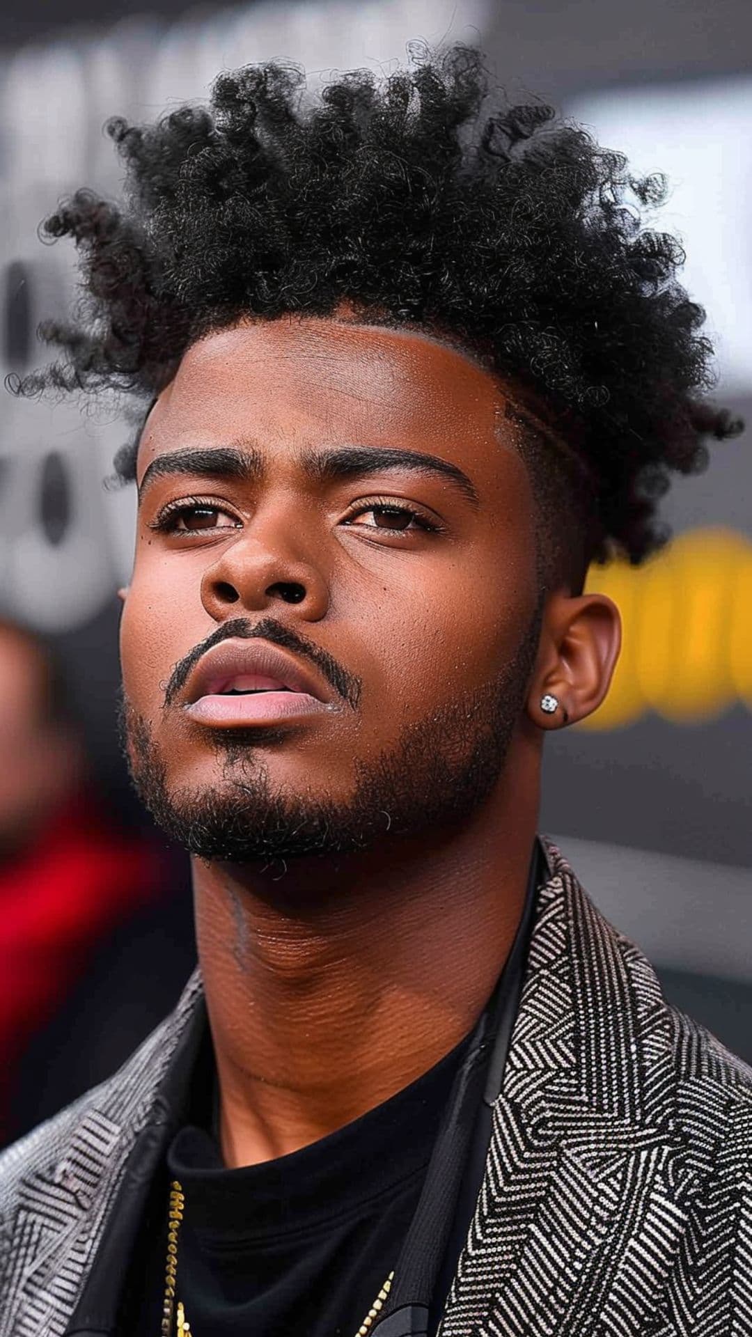 A black man posing with a blow-dried hairstyle.