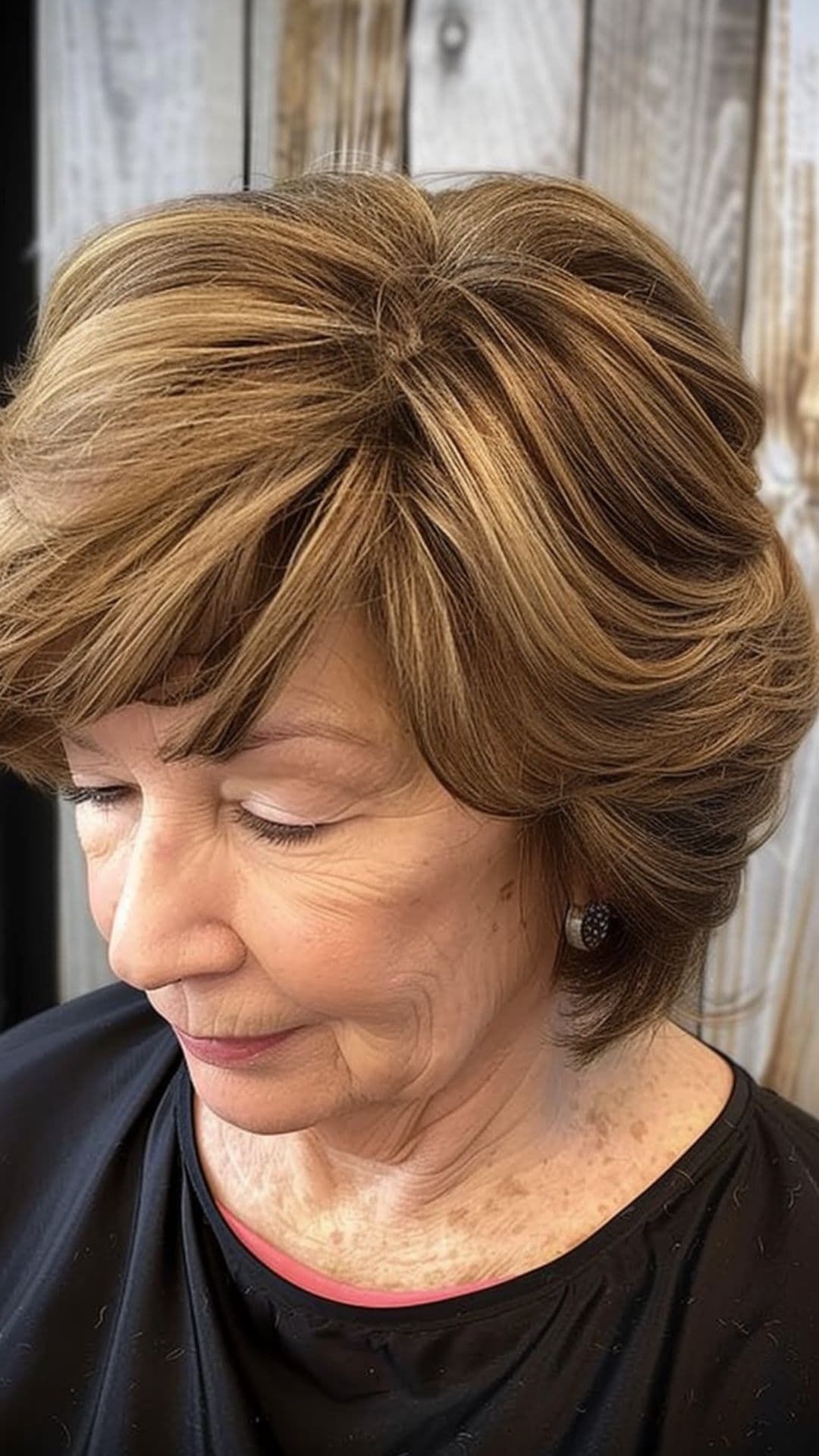 An old woman shaping voluminous bangs.