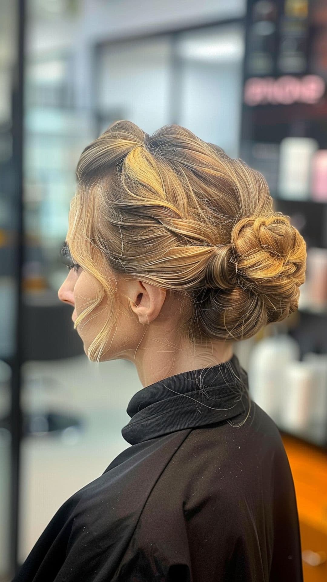 A woman wearing a soft side bun hairstyle.