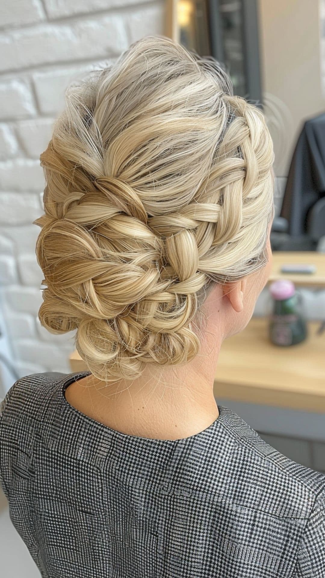 A woman wearing a braided bun.