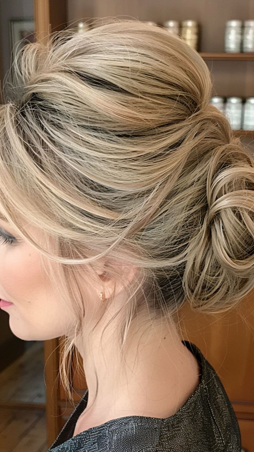 A woman wearing a bouffant bun.