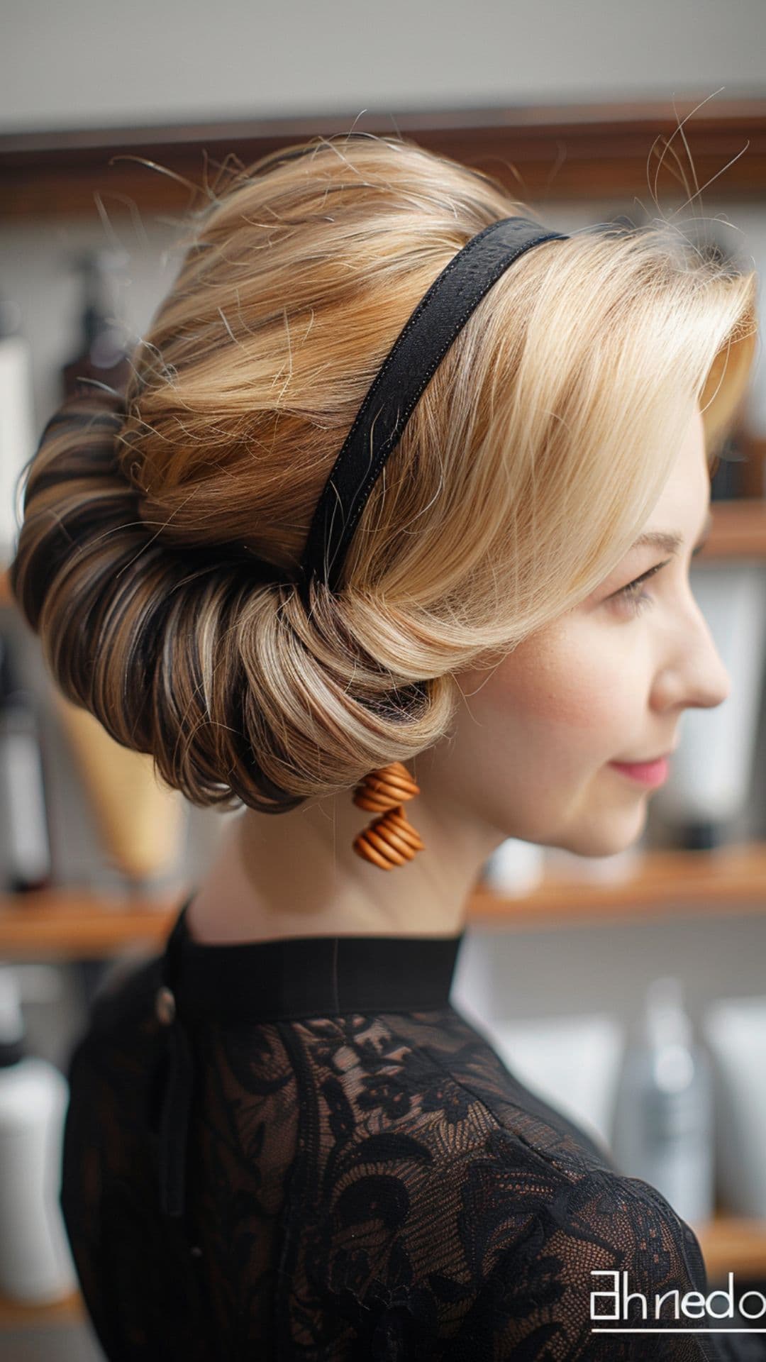 A woman wearing a low rolled bun.