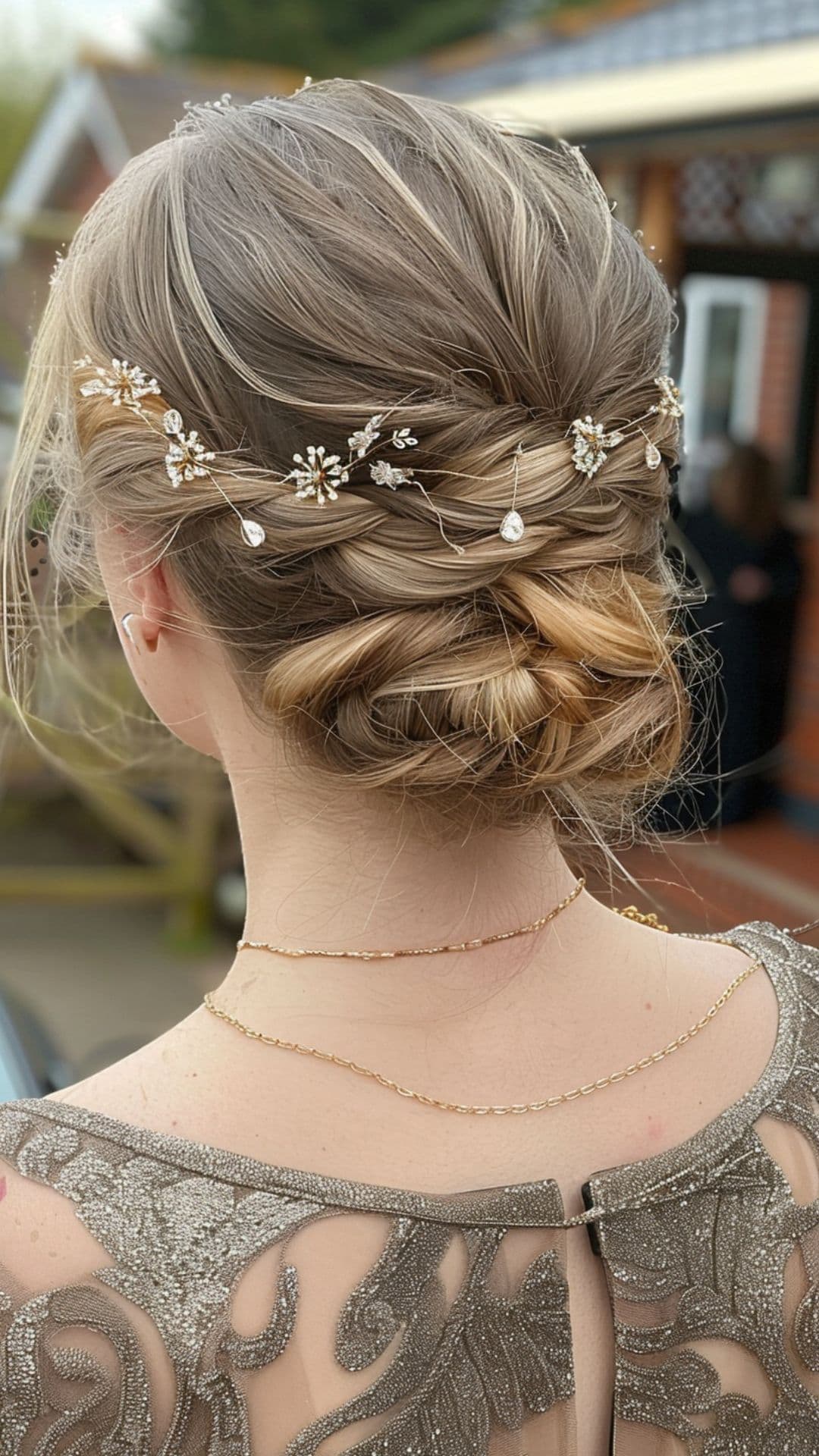 A woman wearing a sleek bun with hair accessories.