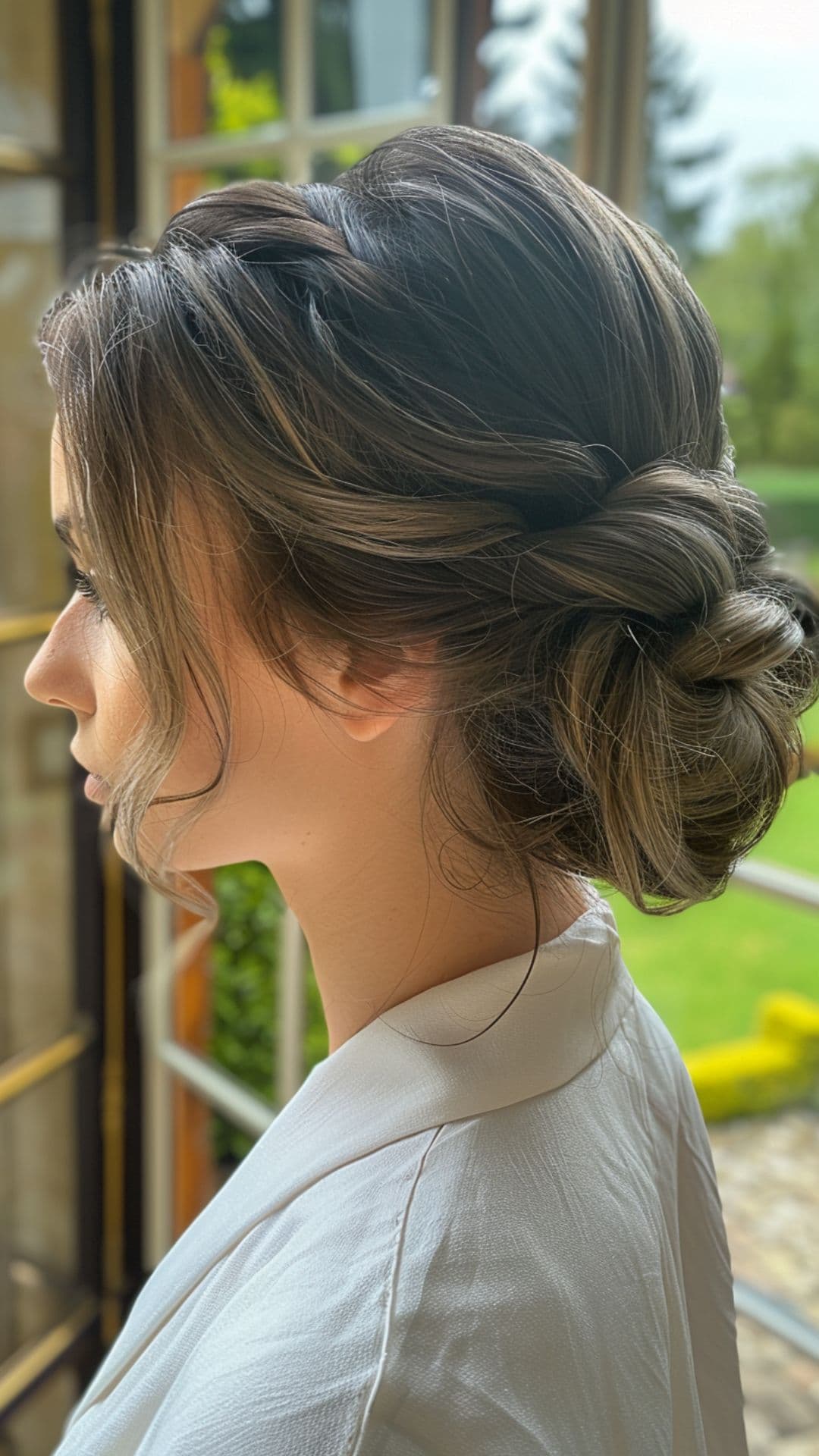 A woman wearing a classic twisted low bun.