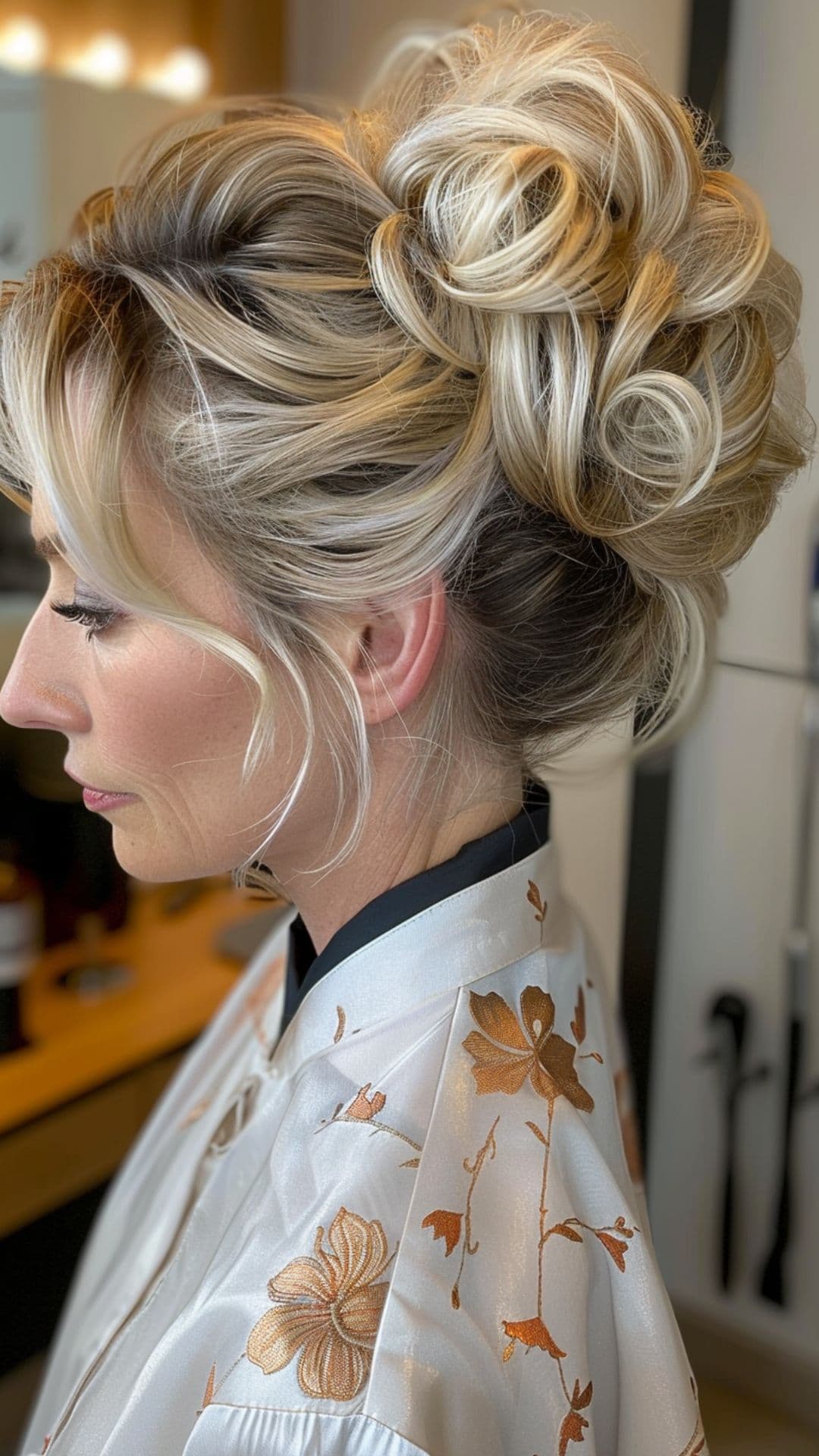 An old woman wearing a messy bun with a large chignon and a wispy hairstyle framing her face.