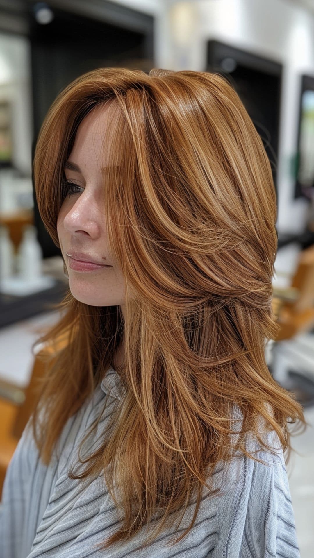 Una mujer con un rico cabello castaño rojizo y reflejos rubios.