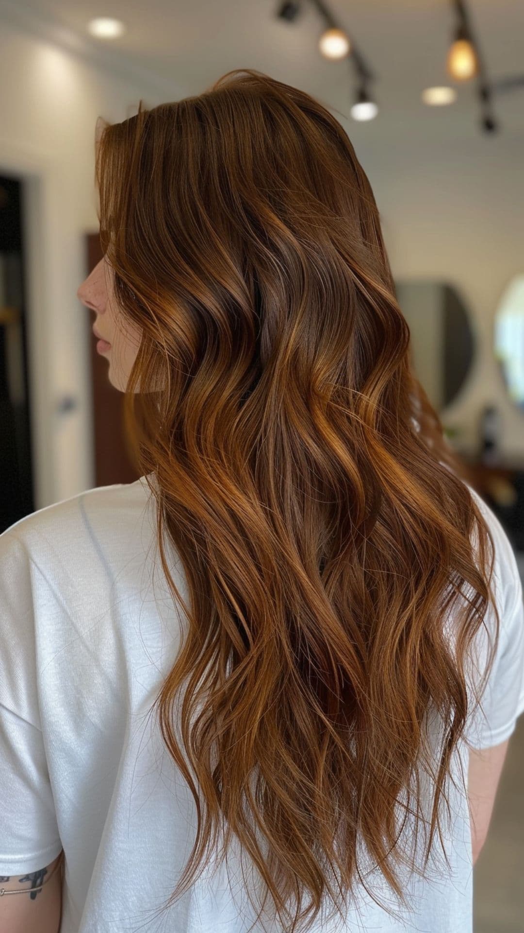 Una mujer modelando cabello castaño rojizo cobrizo.