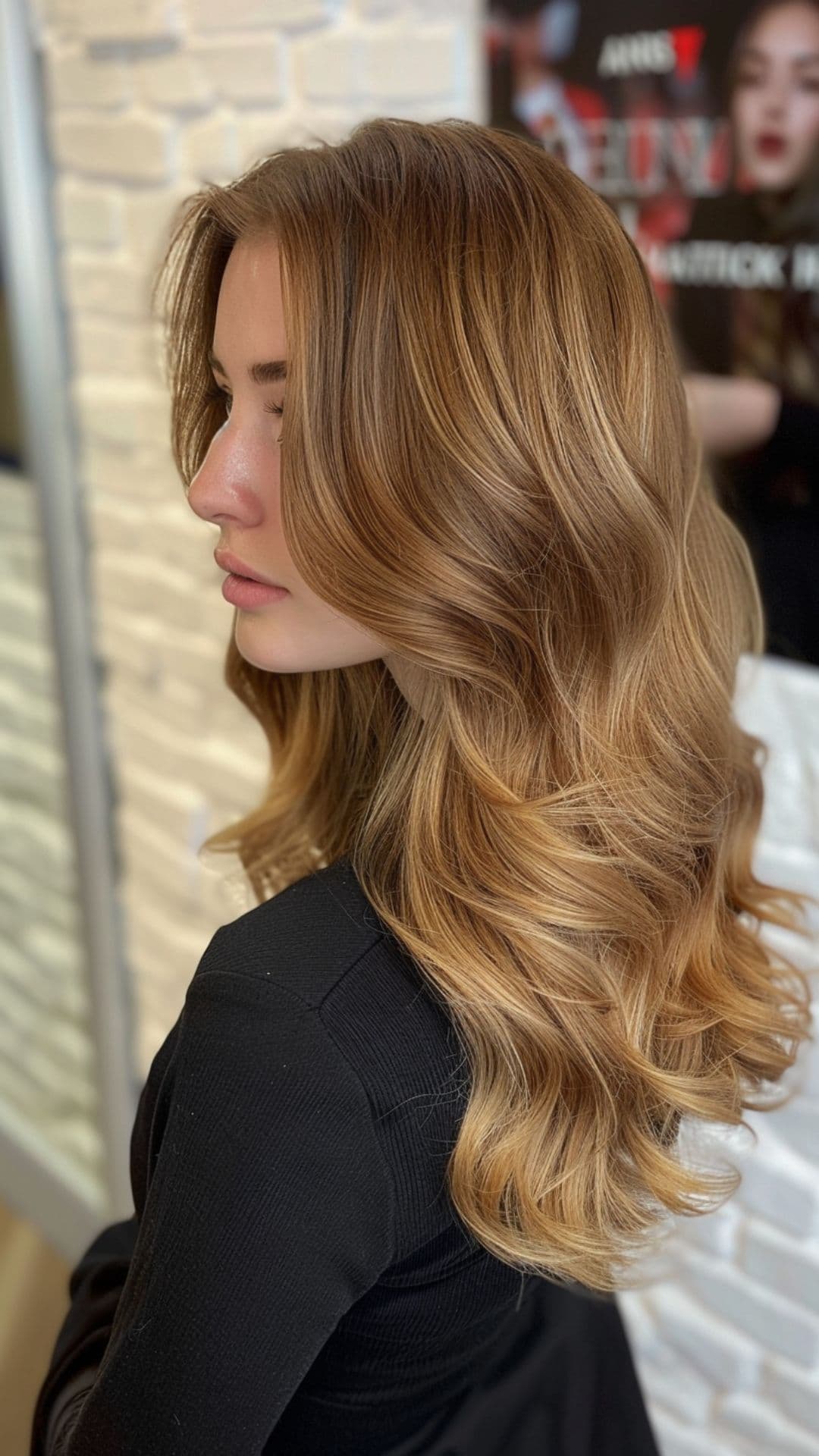 Una mujer posando para un balayage de color castaño rojizo.