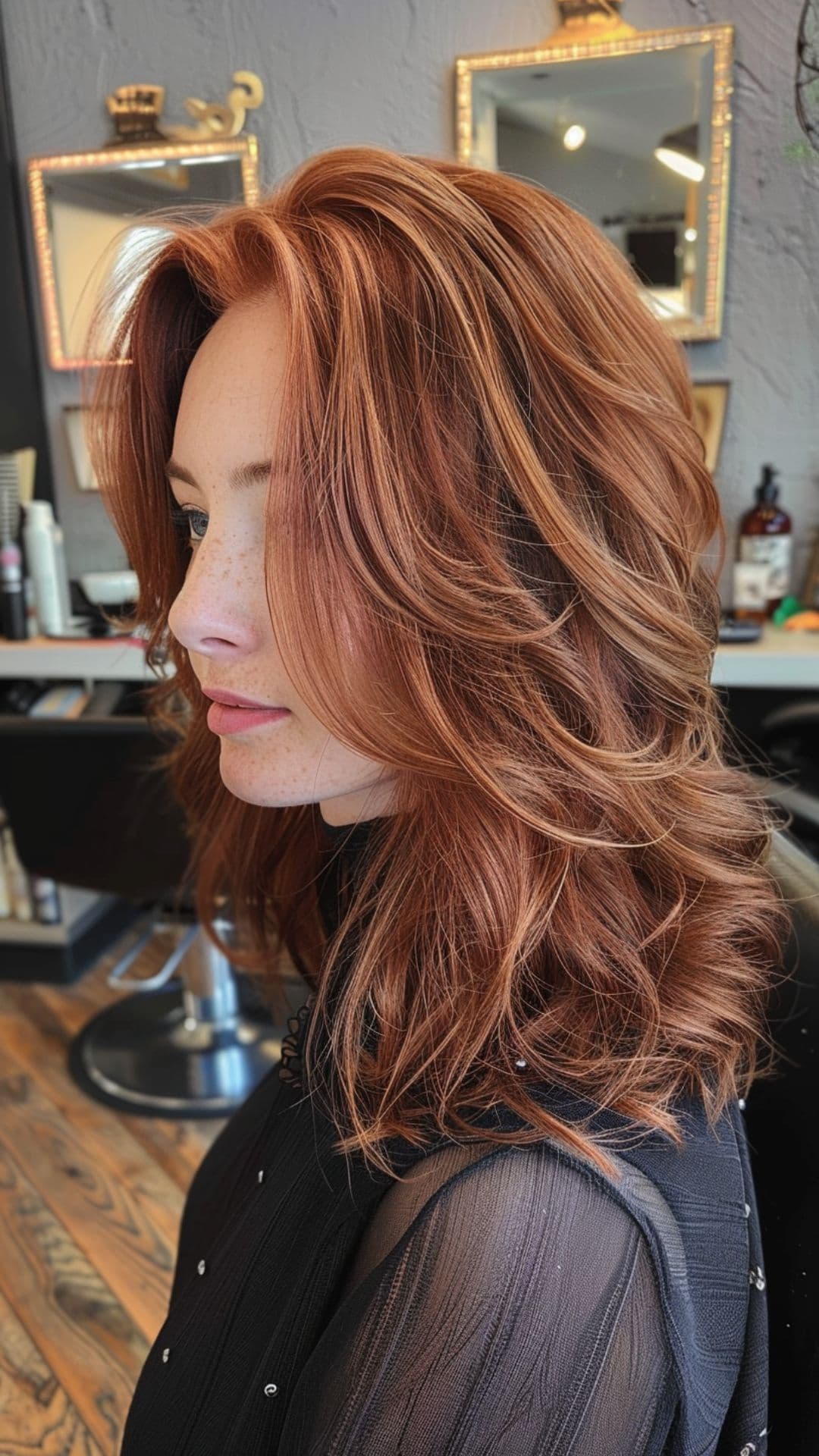 Una mujer modelando cabello castaño rojizo con reflejos caramelo.