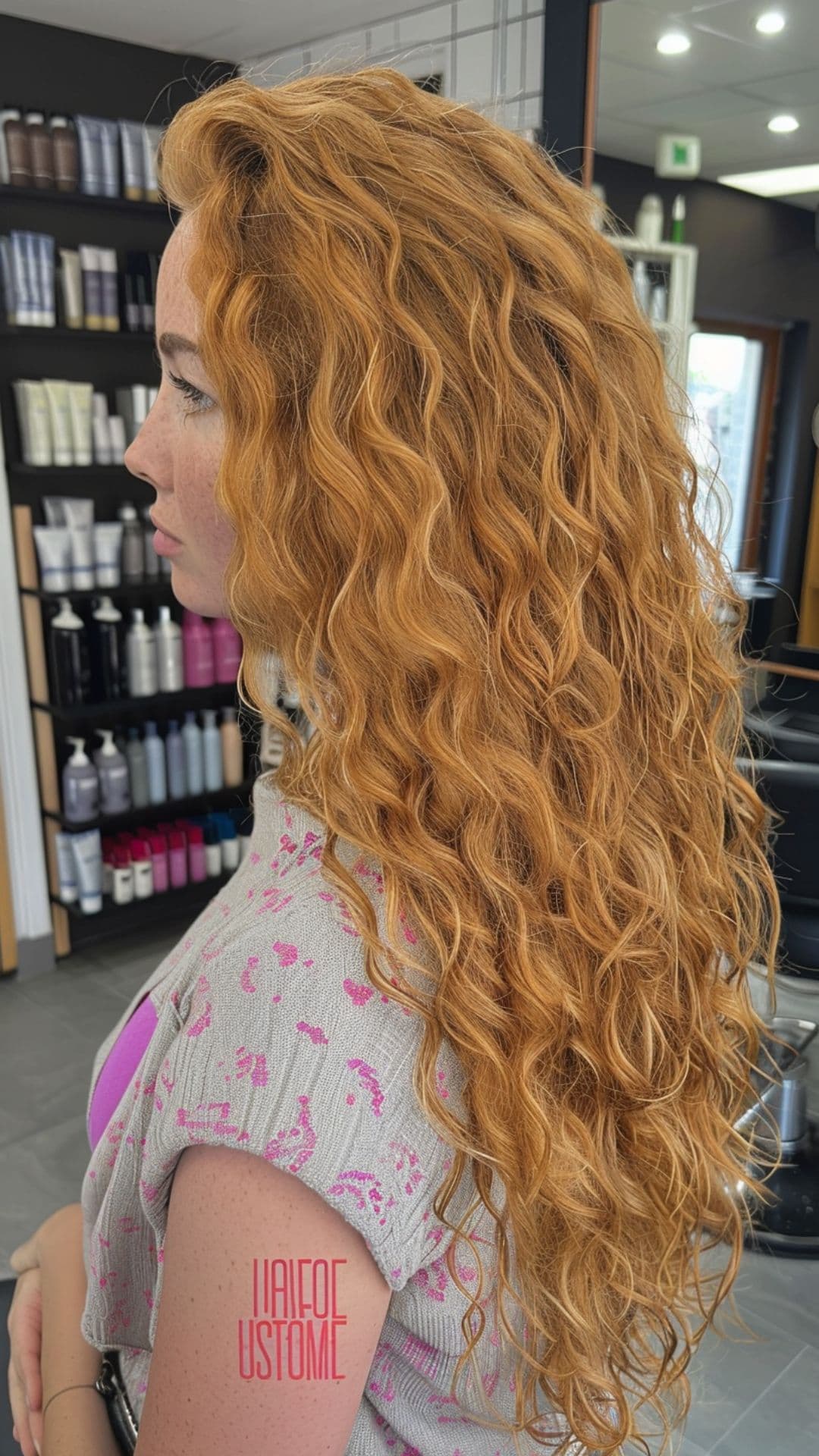 Una mujer modelando cabello rizado color castaño rojizo dorado.