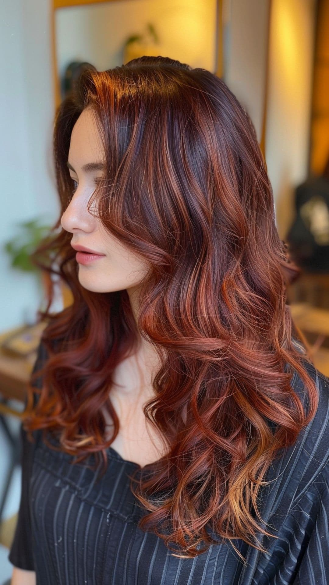 Una mujer con cabello castaño rojizo con reflejos rojos.