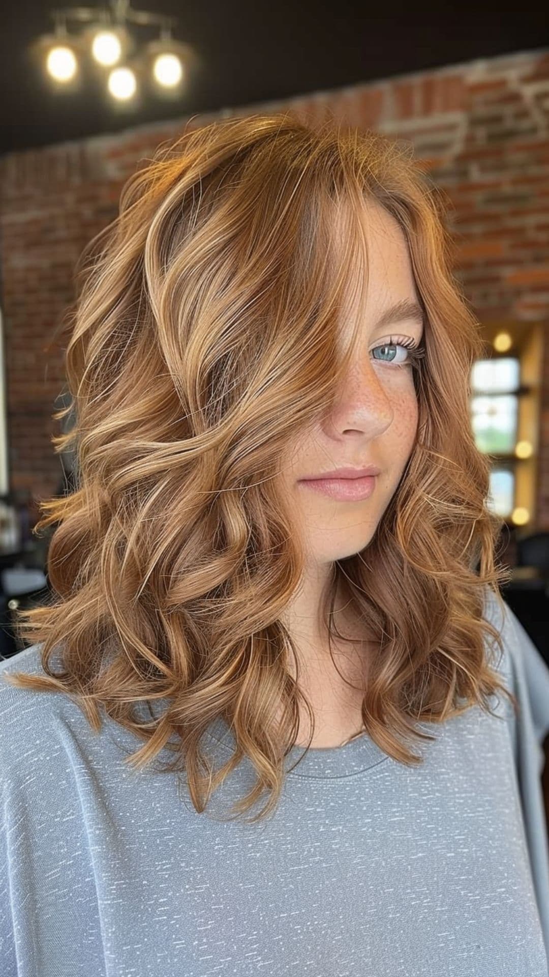 Una mujer con cabello castaño rojizo con reflejos rubios miel.