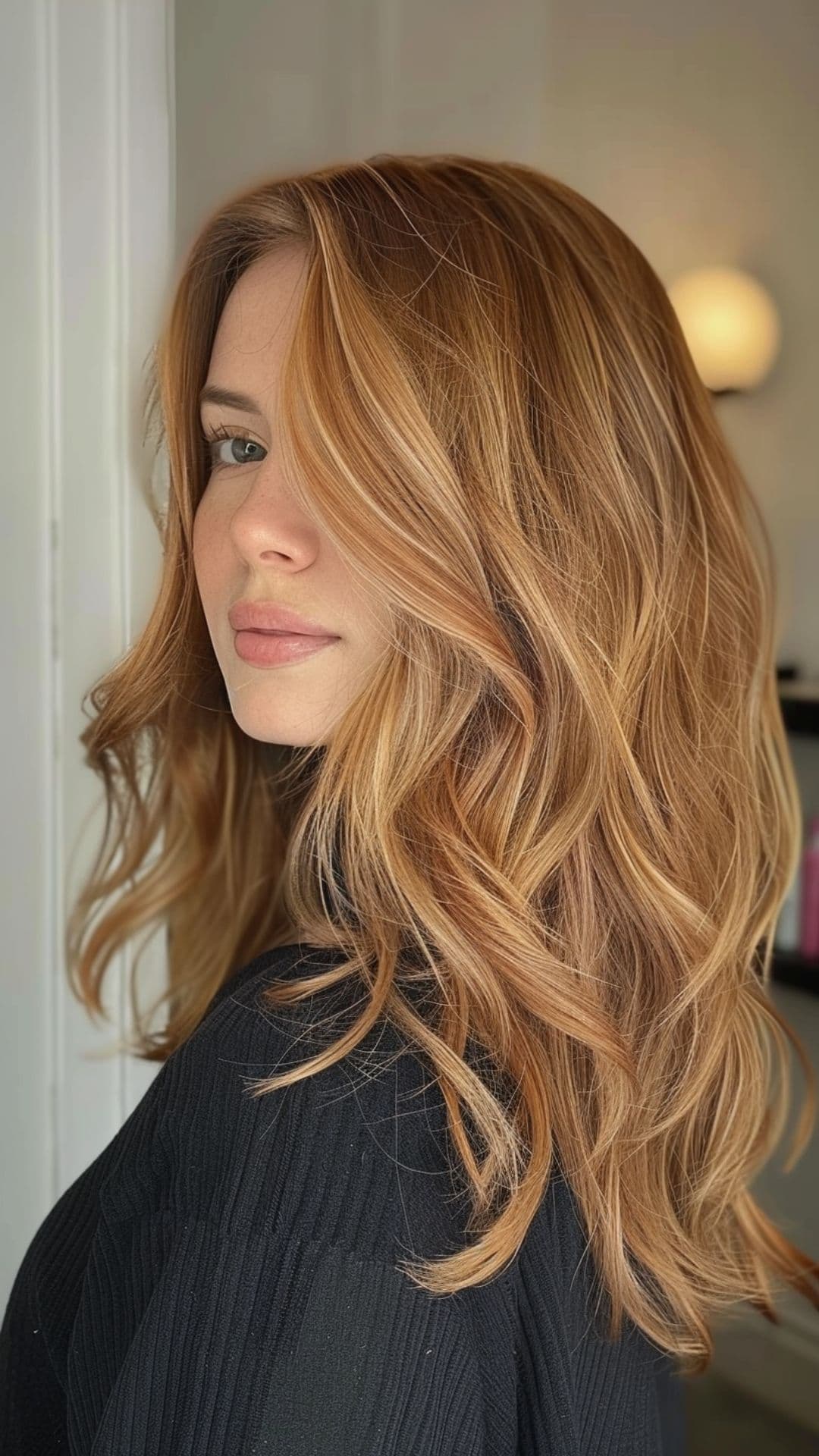 Una mujer modelando cabello castaño rojizo con rubio fresa.