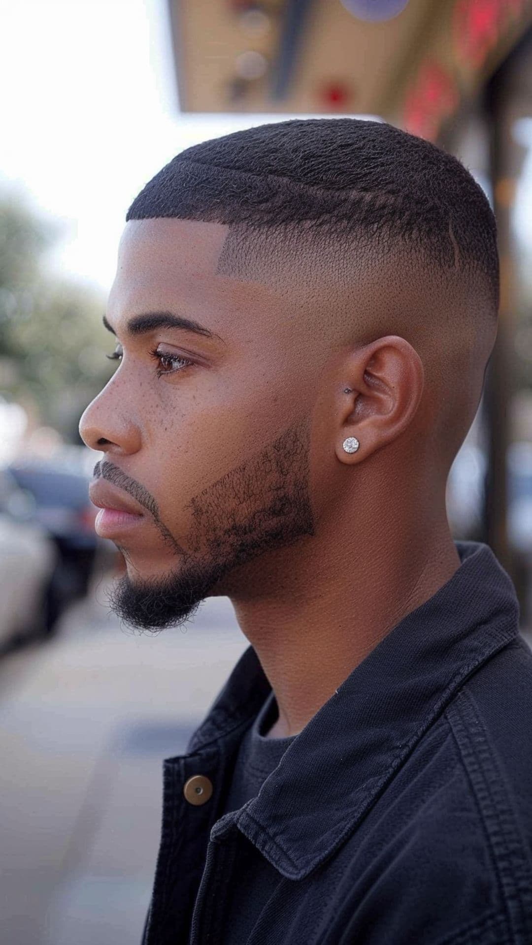 A black man wearing a classic fade haircut.